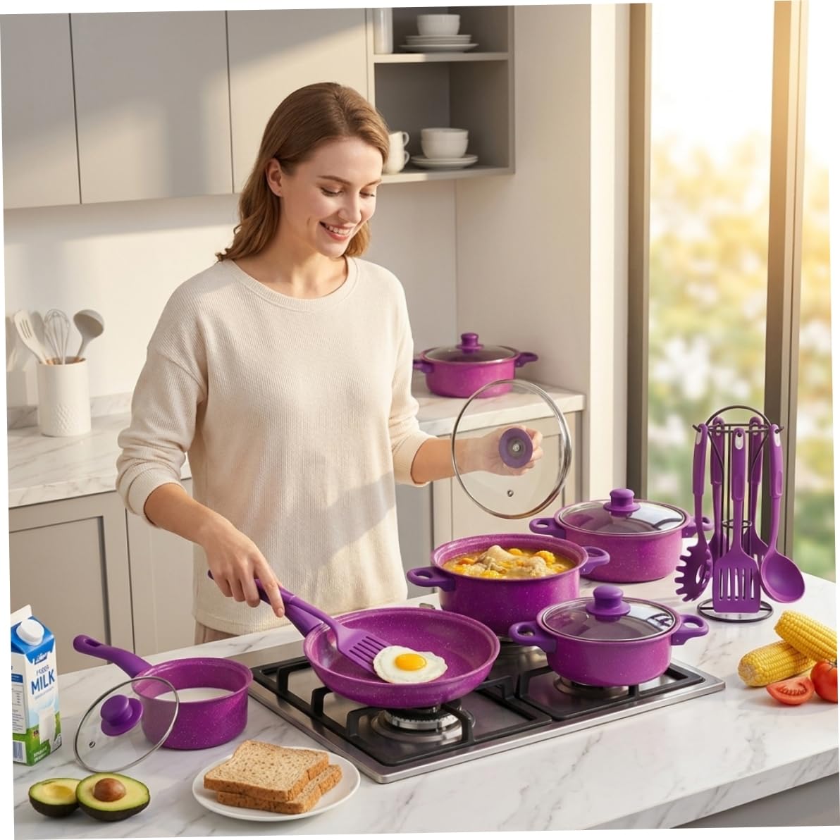Set di Pentole Antiaderenti, Set di Pentole Antiaderenti da 13 Pezzi, E Padelle con Padella, Pentola per Il Latte E Utensili per La Cucina Casalinga, Viola