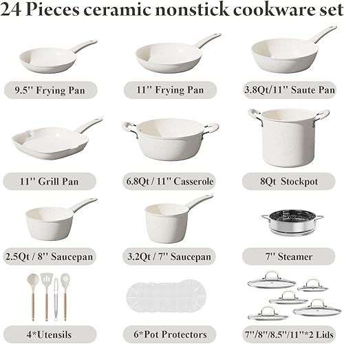 Miniatura 2 de Juego de 24 ollas y sartenes antiadherentes, juego de utensilios de cocina de cerámica con olla de 8 cuartos de galón, utensilios de cocina