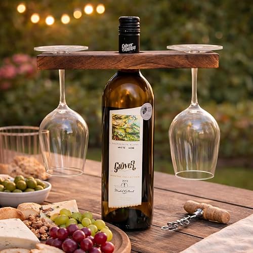 Miniatura 2 de Soporte de madera para botella de vino y vidrio, hecho a mano, soporte de madera antigua para vino para dos copas y botella, bellamente hecho a