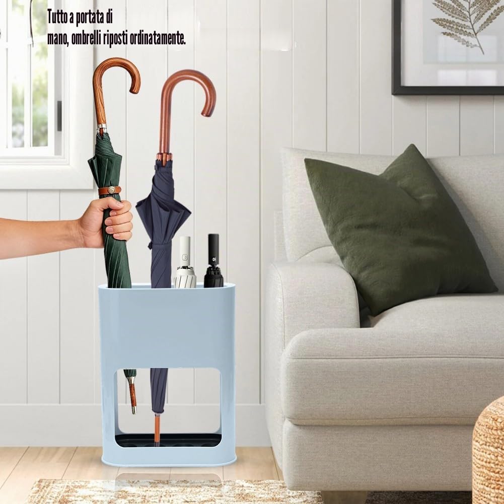 LOMUG Portaombrelli Design Moderno Porta Ombrelli in Metallo, Contenitore per Ombrelli con Vaschetta Scolapioggia Rimovibile, Portaombrelli Autoportante per Casa Ufficio per Ombrelli Lunghi/Corti,Azul