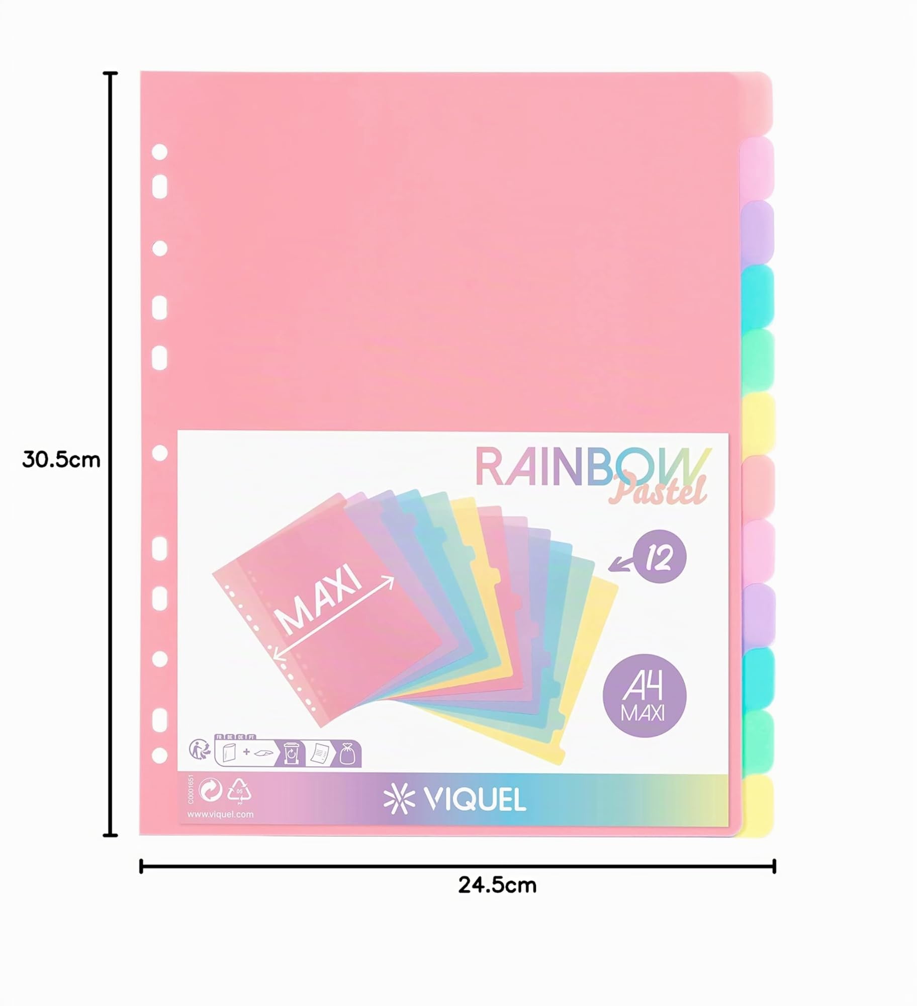 Viquel Set 12 divisori plastica Rainbow Pastel maxi 24,5x30,5cm per raccoglitore A4