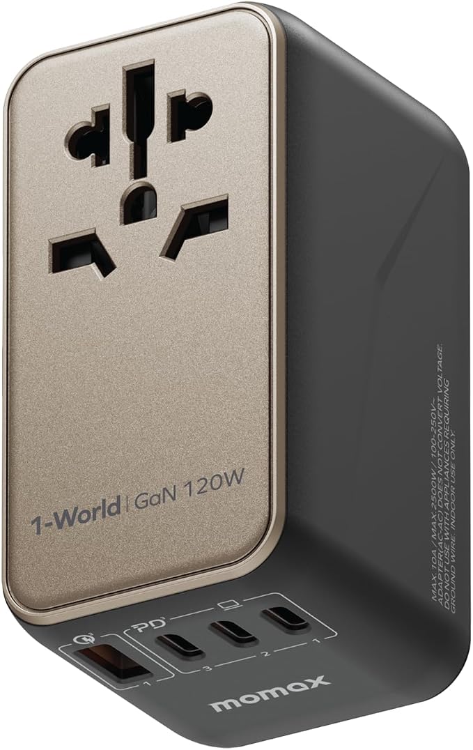MOMAX Universal Travel Adapter, 120W GaN Fast International Power Adapter, 3 USB C and 1 USB A, Worldwide Travel Plug Adapter, All-in-One Worldwide Wall Charger for USA European UK AUS Type C G A I