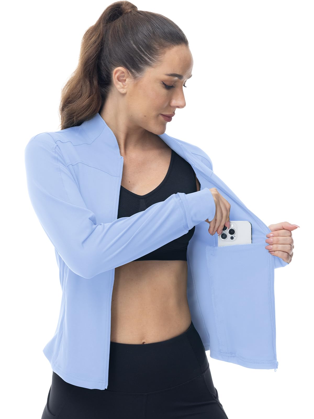 YSENTO Chaqueta deportiva para mujer, chaqueta funcional, chaqueta de senderismo, ligera, manga larga, yoga, gimnasio, deporte, parte superior, transpirable, con orificio para el pulgar