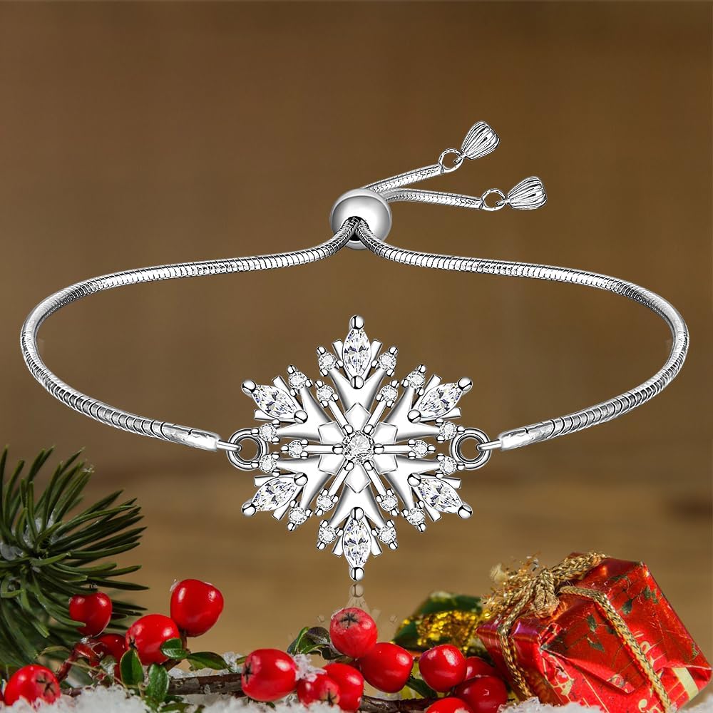 Fenthring Christmas Snowflake Bracelet for Women 925 Sterling Silver White Snowflake Bracelets Adjustable Cubic Zirconia Xmas Jewelry Valentines Holiday Gifts - Image 7