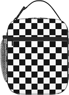 Black White Checkered Insulated Lunch Bag Reusable Cooler Lunch Box Portable Leakproof Thermal Container Tote Bags for Girls Boys School Travel