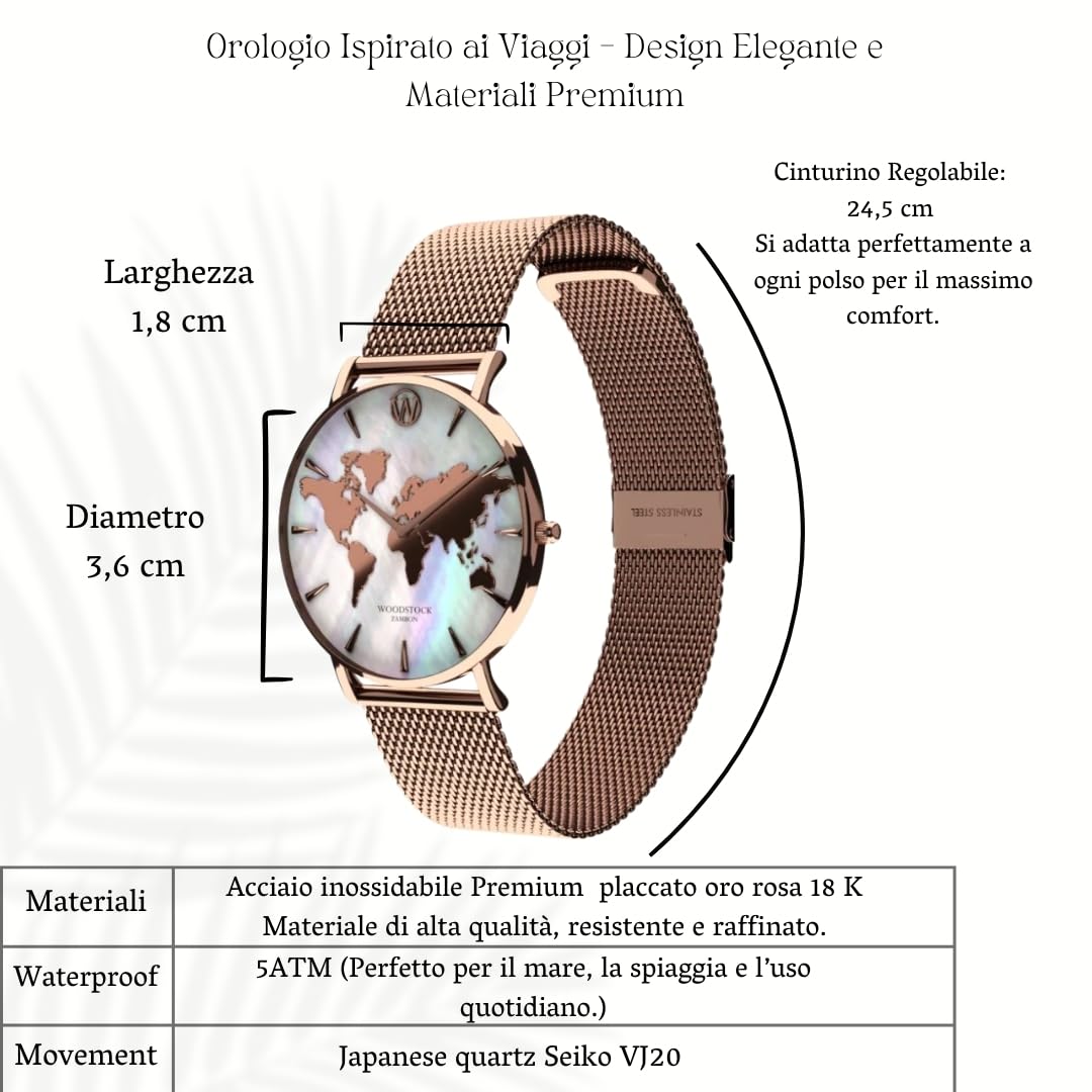 Woodstock Zambon Orologio Donna Elegante – Quadrante in Vera Madreperla – Acciaio 316L Oro Rosa – 5ATM Impermeabile – Design Raffinato e Regolabile – Regalo di Lusso