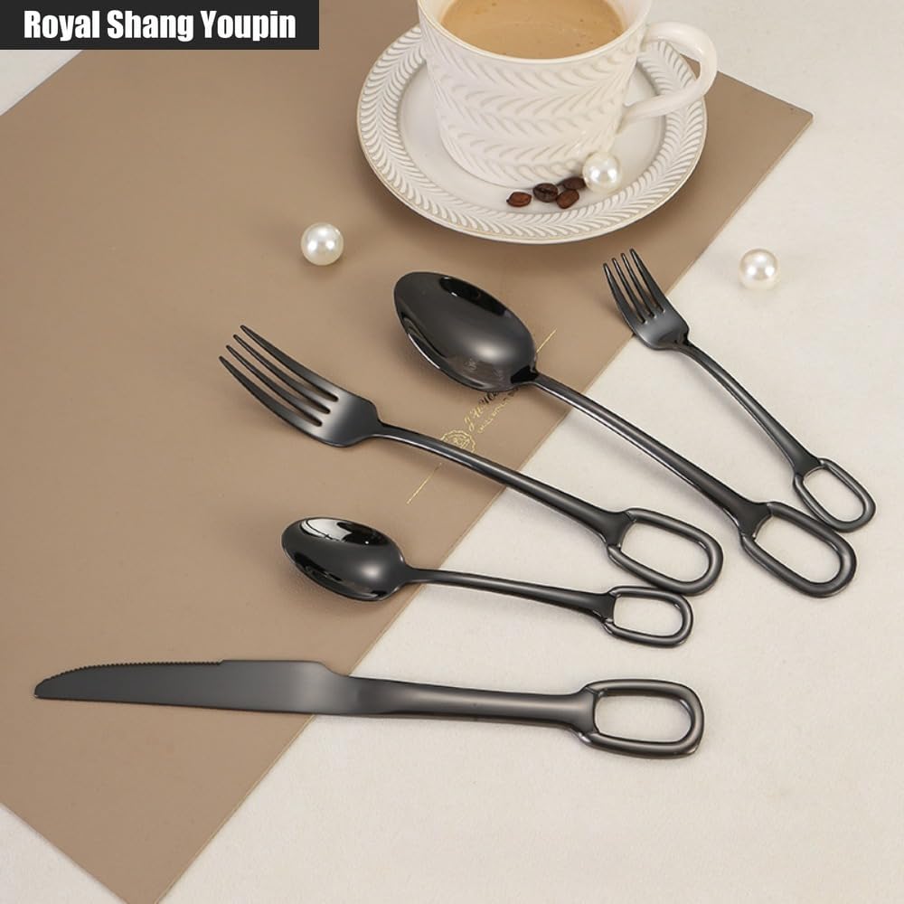 Kitchen Circular Hanging Hole Handle Stainless Steel Silverware Tableware Flatware Cutlery Set Steak Knife Fork Spoon Teaspoon (Black,12 pieces)