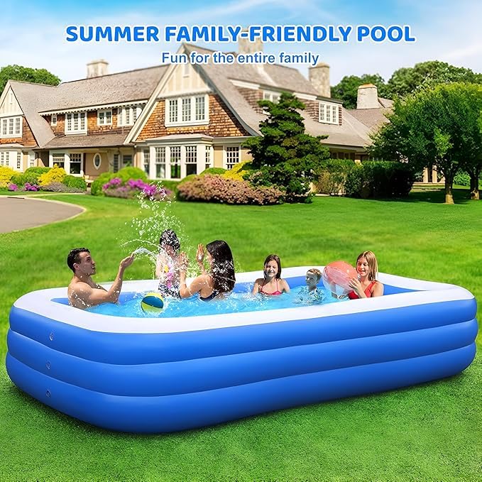 Image of Rectangular Inflatable Swimming Pool for Kids with Electric Pump, Duck Family Toy & Beach Ball, 3 Ring Striped Design, Outdoor Summer Water Party Bath tub,Blue (210 x 150 x 60 cm, 7 Feet)