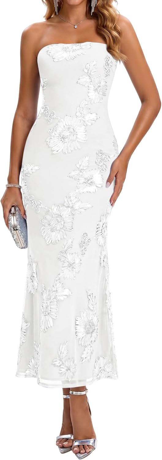 Women's Strapless Bodycon Maxi Dress 2026 Summer Satin Floral Mesh Cocktail Party Wedding Guest Tube Dresses