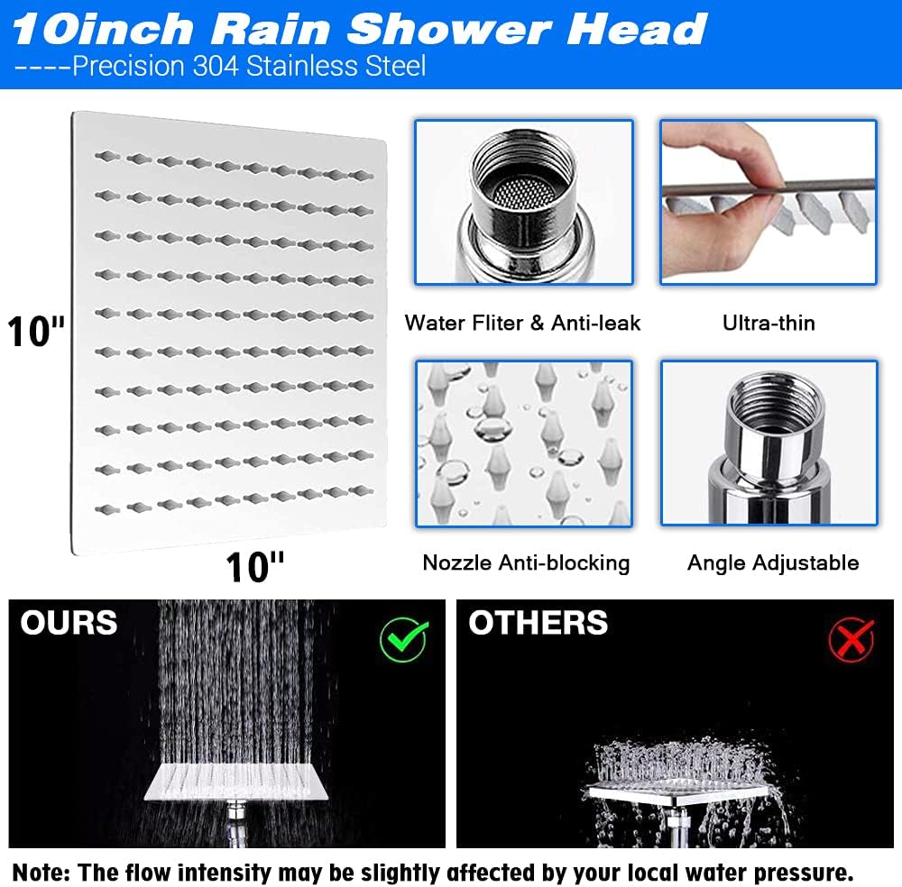10" Rain Shower Head with Handheld Spray Combo High Pressure Rainfall Showerheads with 11" Extension Arm, Shower Filter for Hard Water & Chlorine + Hose & 4 Hooks, Square Dual Waterfall Shower Head