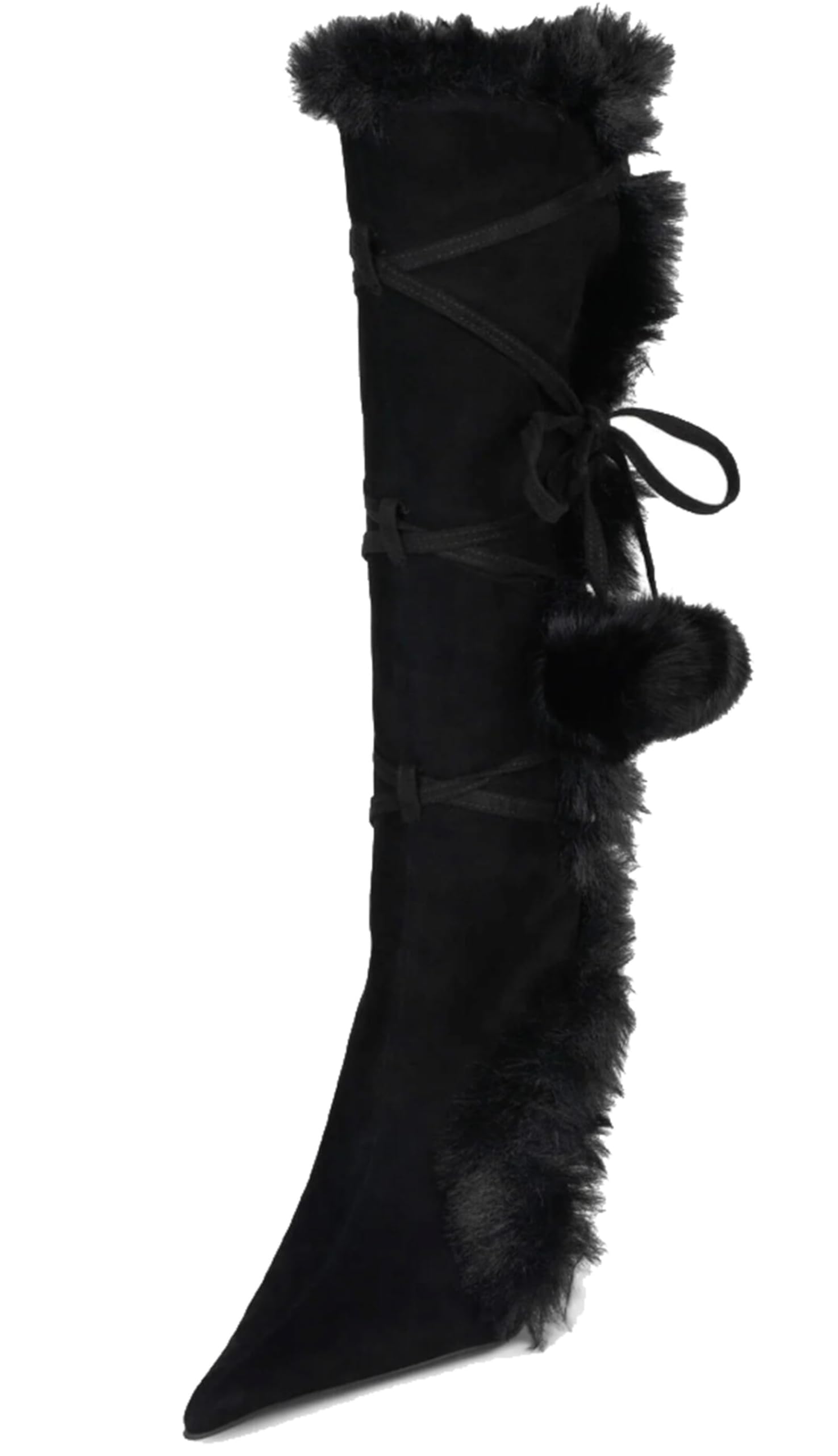 Women Faux Fur Knee High Boots Pointed Toe Long Winter Boots with Lace Up Bow and Warm Plush