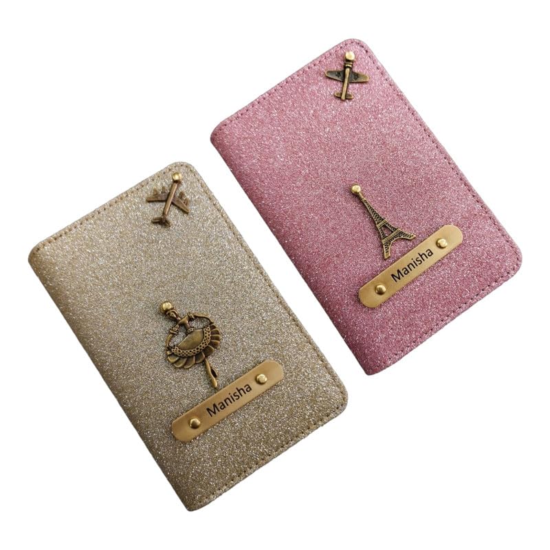 personalised glitered name passport cover combo pack| combo pack of 2 | passport cover for womens and girls| gift pack|travel assessories golden & peach