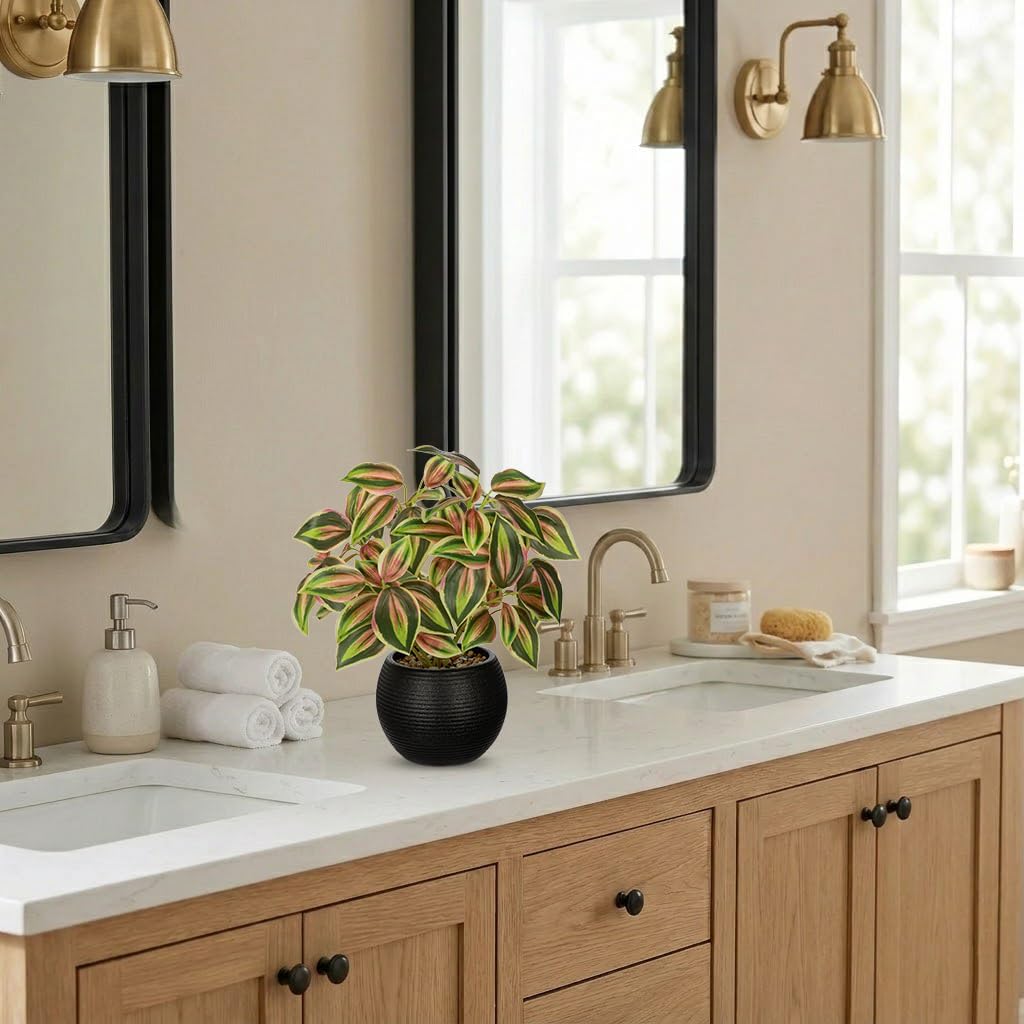 2 Packs Artificial Plants in Black Pot Tradescantia Zebrina Fake Plants Potted Decorative Faux Plant for Home Kitchen Decor