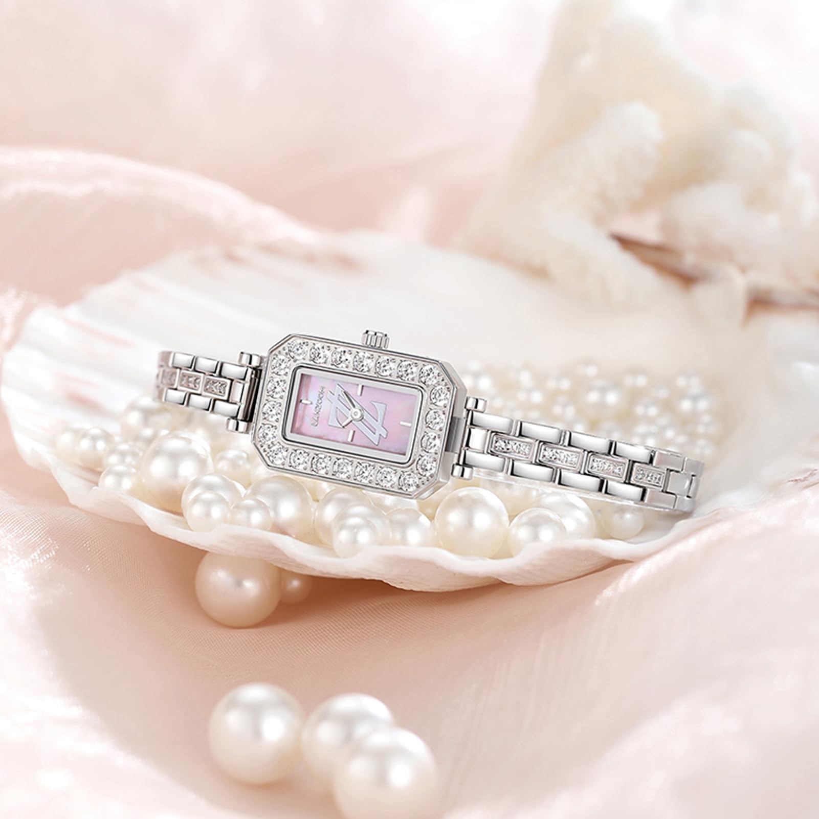 LANZOOM Diamant-Uhren für Damen, Gehäuse und Armband aus 316L-Edelstahl, mit rosa Perlmutt-Zifferblatt, Silber / Pink, Zierlich süß