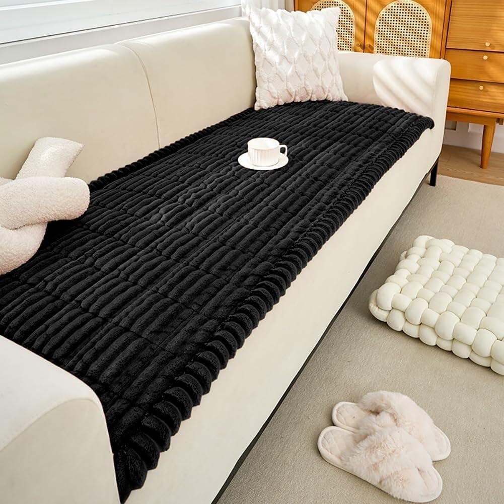 RAKKYOFD Soft Corduroy Sectional Sofa Cover 1 Piece Striped Couch Cover Super Washable Non Slip Sofa Slipcover Furniture Protector for Kid Dog Pet,(Black,27"x94")