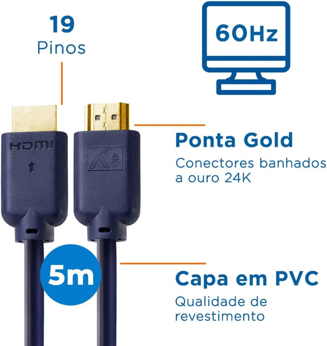 CABO HDMI 2.0 4K 3D 19 PINOS - 5 METROS
