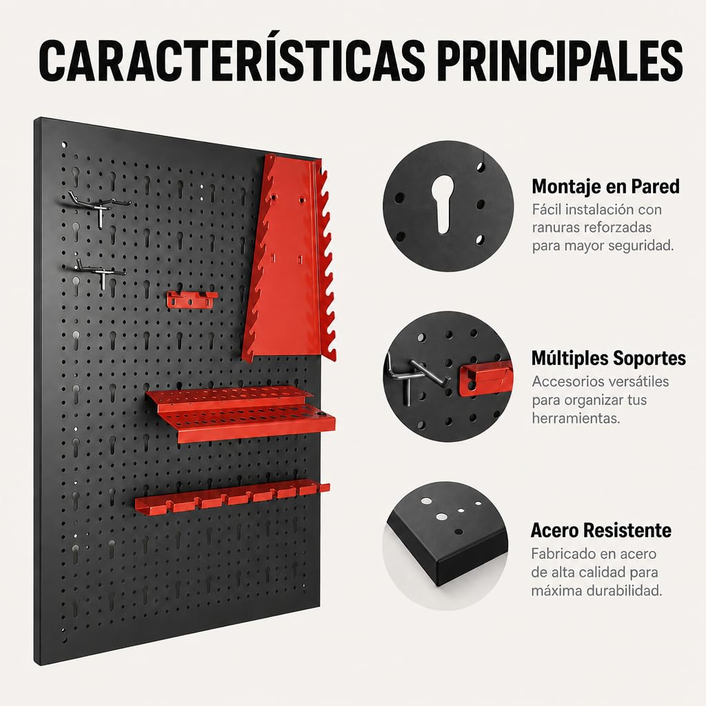 Panel Perforado de Pared para Herramientas – Set de 3 Tableros Metálicos con Accesorios: Ganchos, Soporte para Llaves, Estantes para Brocas, Soporte para Destornilladores y Herrajes de Montaje