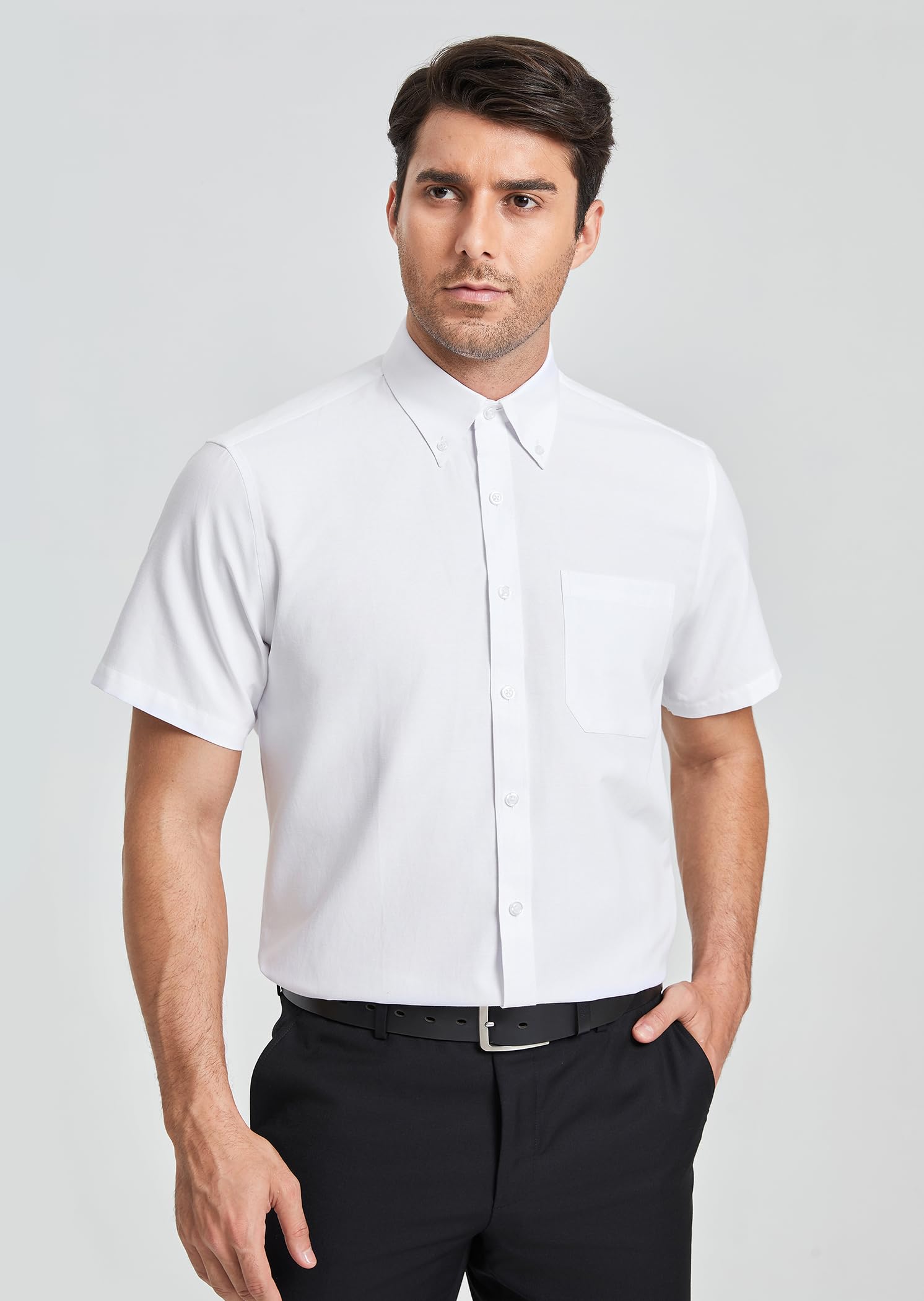 HISDERN Chemise Oxford À Manches Courtes Homme Classique Coupe Régulière Chemisette Manch Courte Uni pour Homme avec Poche