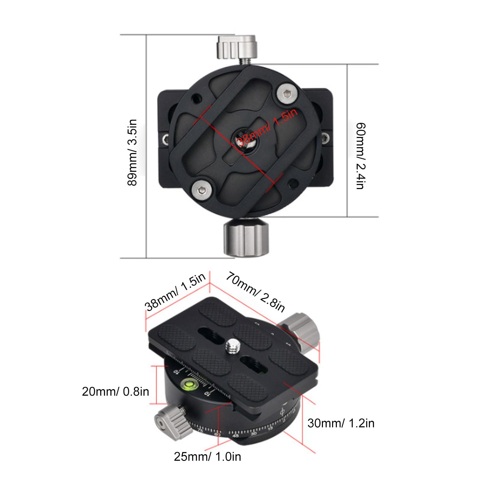 Elprico Base per Treppiede con Morsetto Panoramico a 360° con Piastra a | Struttura in Alluminio da 60 Mm, capacità di Carico di 15 Kg, Livella a Bolla Incorporata, Scala in Gradi, Filettatura da