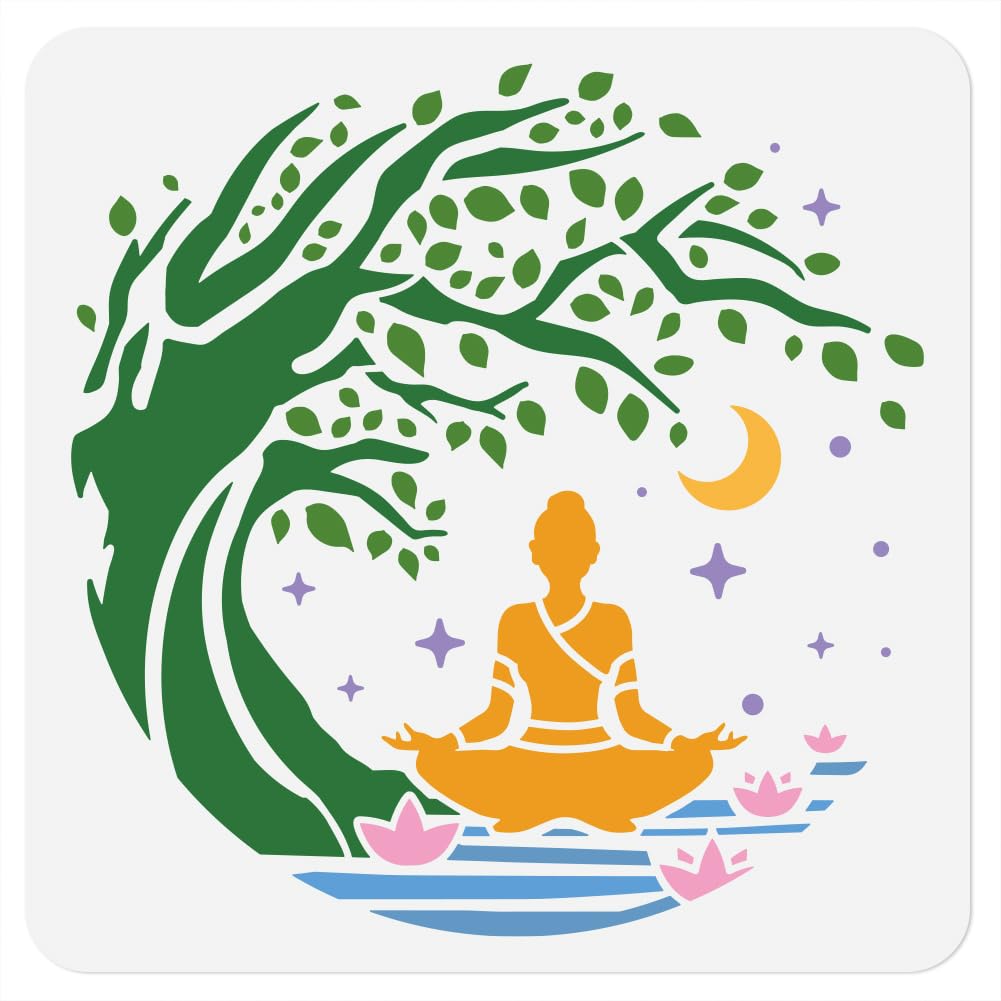 Doodlream Buddha Tree Stencil, Meditation Reusable Painting Template
