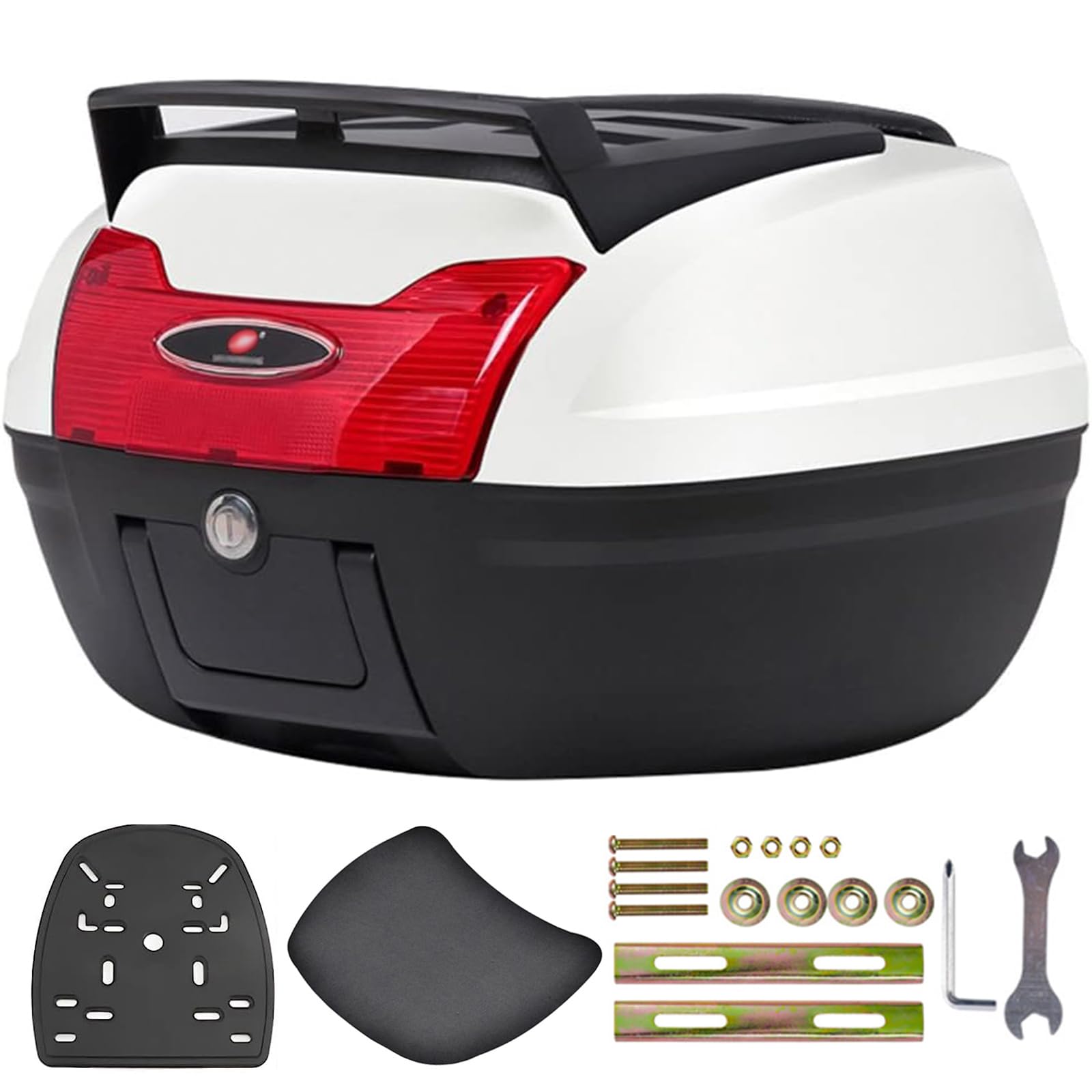 KFGISD, 46L Universal Motorcycle Tour Tail Box Trunk Luggage Topcase Lockable Storage Plastic Case with Soft Backrest ,Motorcycle Top Box(White+red)