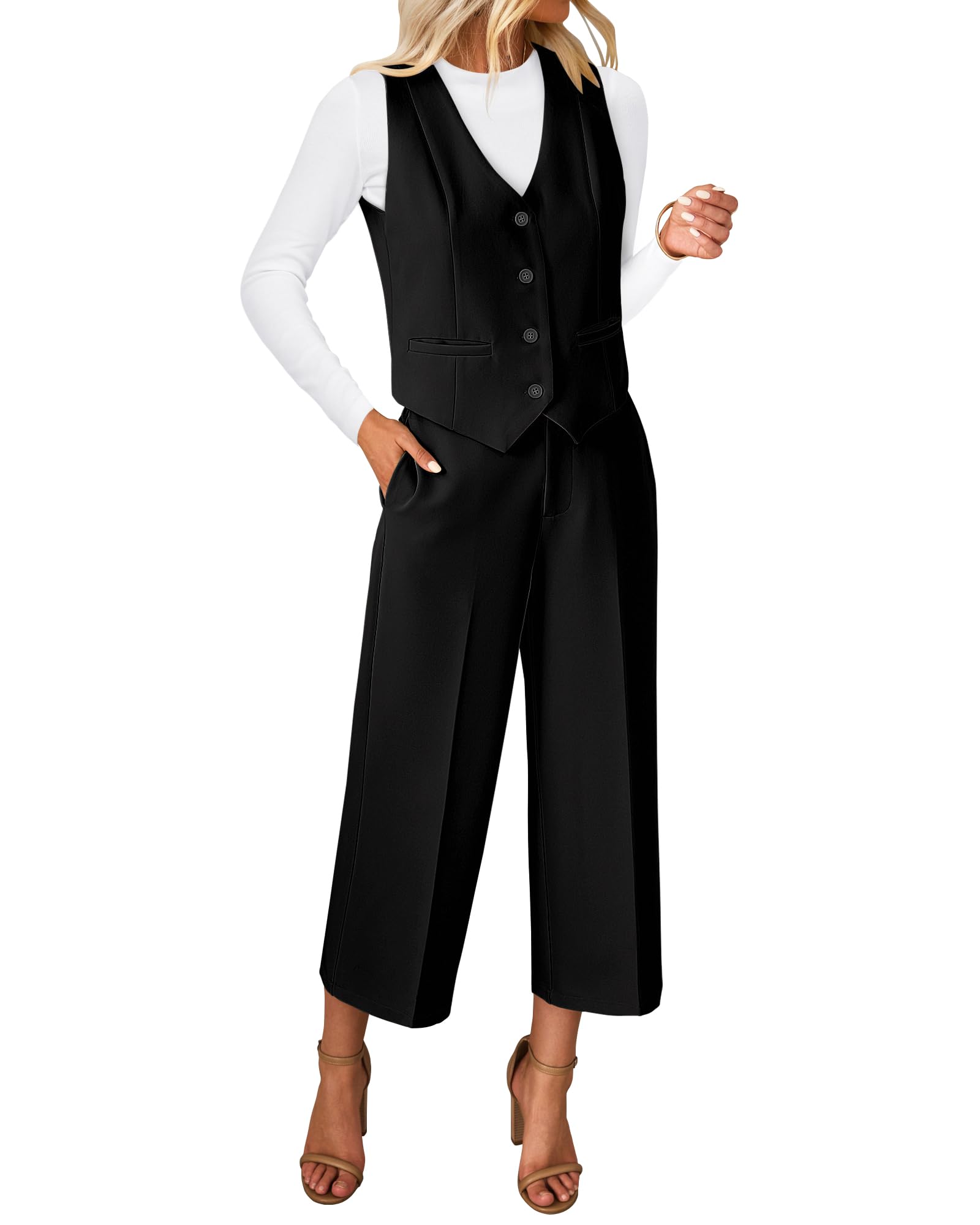 luvamia Pant Suits for Women Dressy Casual 2 Piece Sets Sleeveless Blazer Vest with Wide Leg Capri Pants Work Outfit-picture-32
