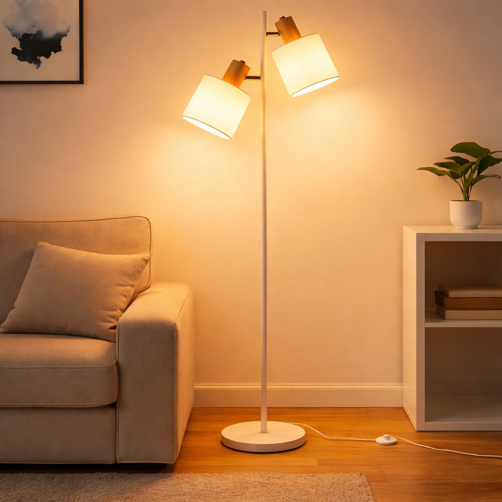 CBJKTX Lámpara de pie vintage para sala de estar - Lámpara de pie de 2 | llamas E14 en madera blanca, lámpara de lectura retro de tela con interruptor de pie, adecuada para dormitorio y oficina