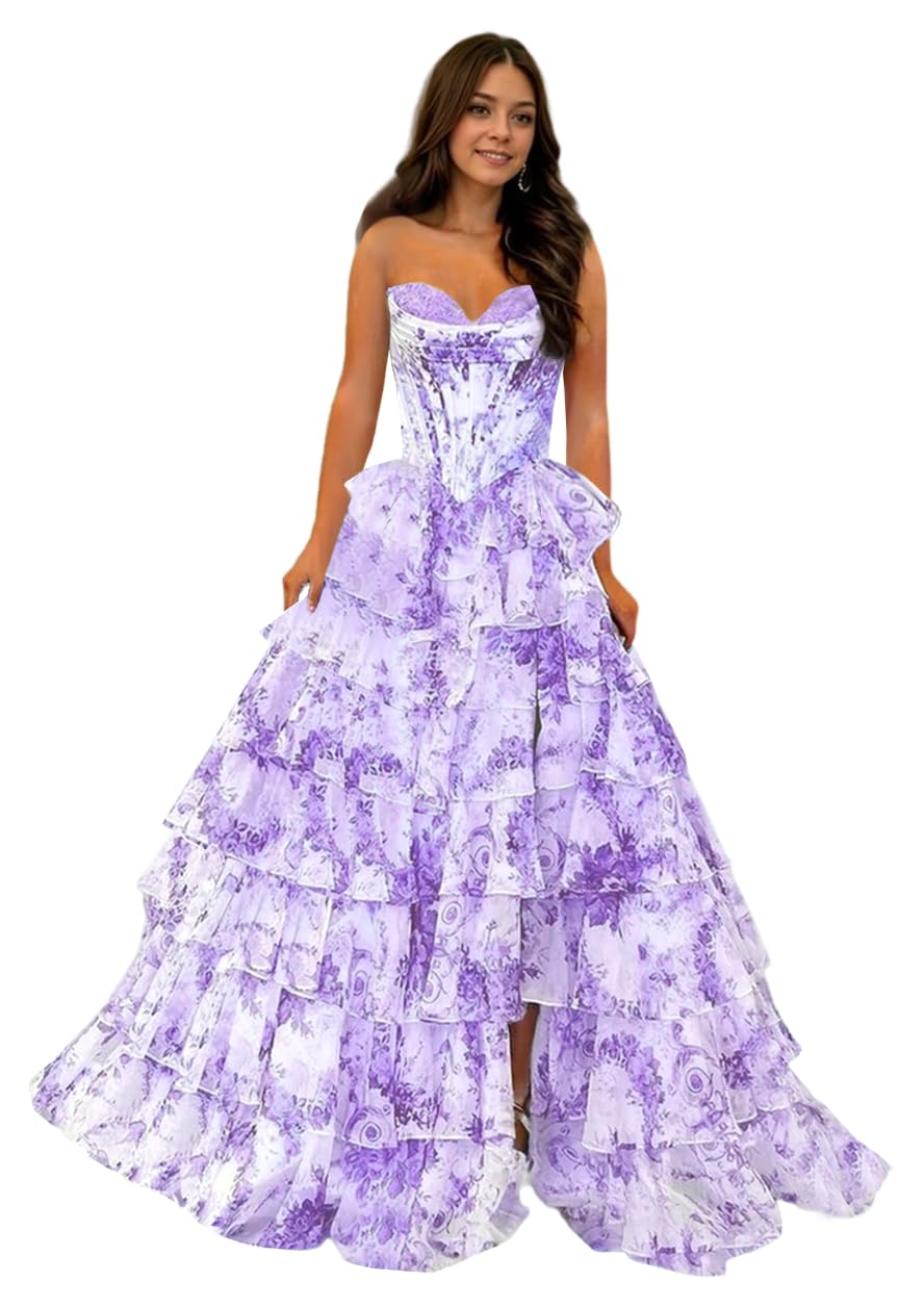 Floral Prom Dresses 2026 Tiered Ball Gown A-Line Long Strapless Formal Evening Party Dress for Women