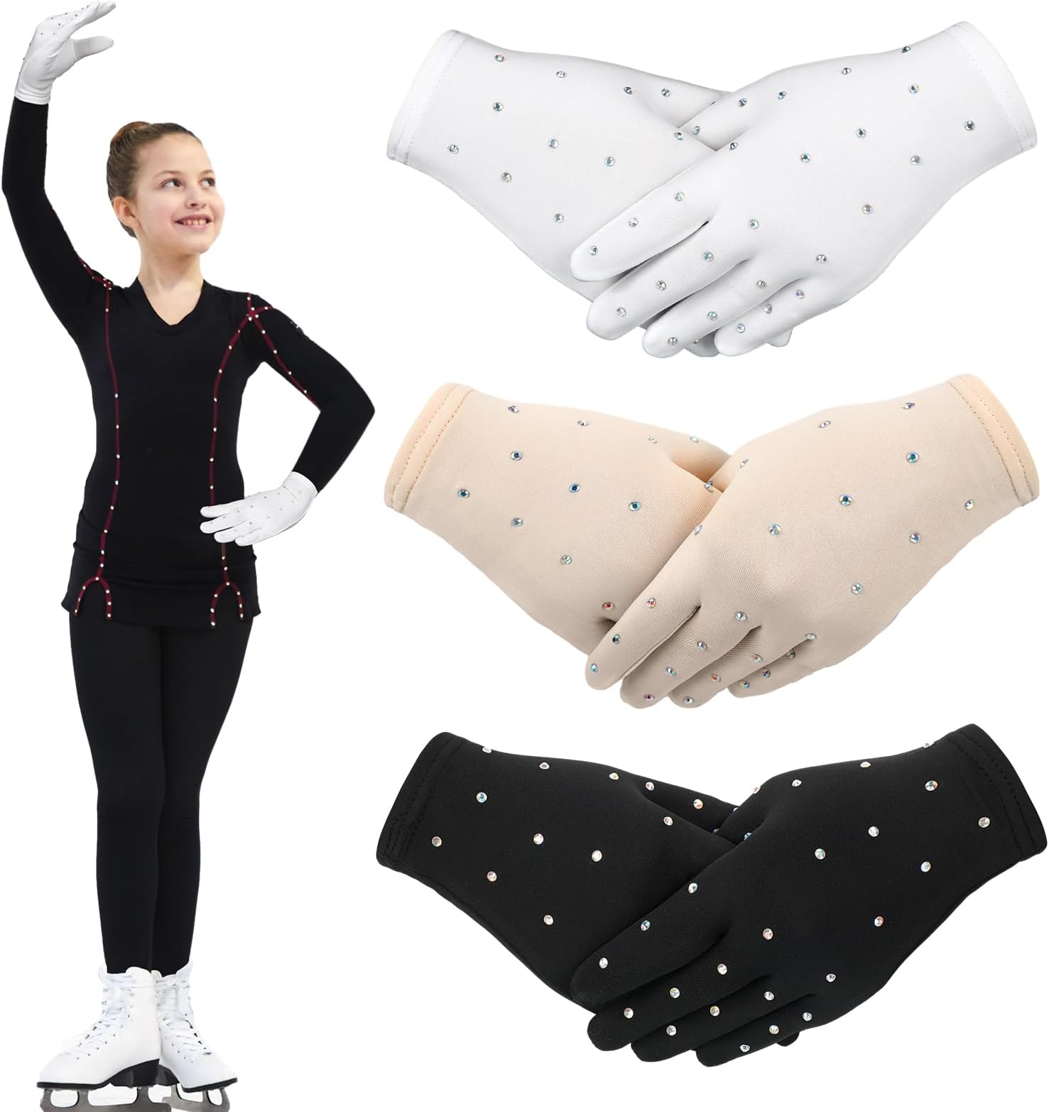 3 Pairs Ice Figure Skating Gloves for Women Girls White Black Nude Skate Gloves with Rhinestone for softball Practice Competition Test Performance Dance Show, Medium Size, 3 Color