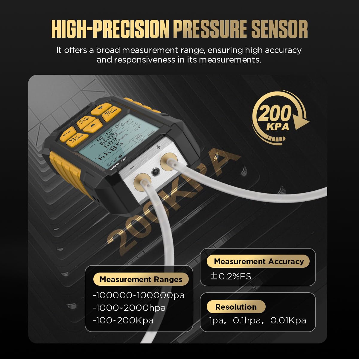 Manómetro digital PT520 Manómetros diferenciales de doble entrada Manómetro HVAC portátil con varios adaptadores, 11 mediciones, 29 capacidad de almacenamiento -100~200Kpa Pantalla LCD