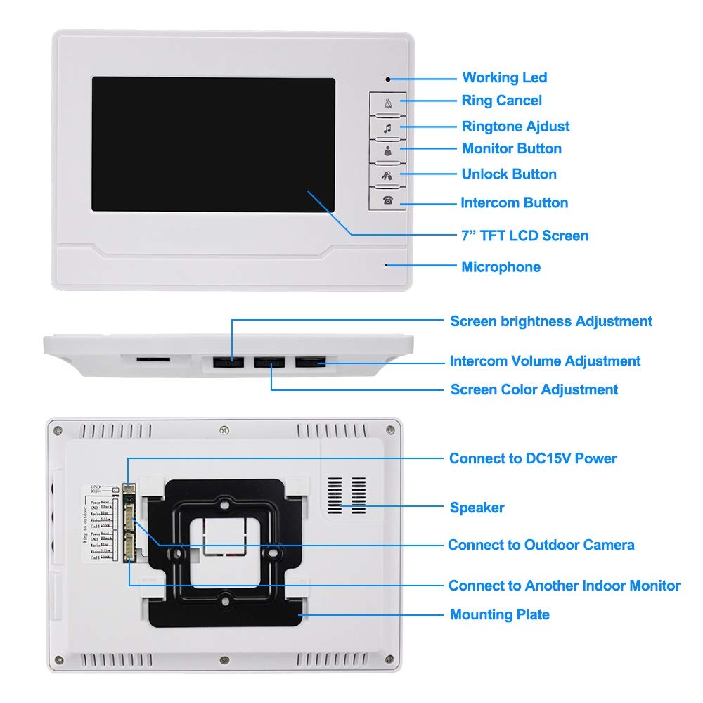 KDL Video Intercom Système d'interphone vidéo Intelligent Téléphone de Porte vidéo Sonnette 7 Pouces, Caméra IR extérieure étanche avec Moniteur pour la Maison (1 Moniteur)