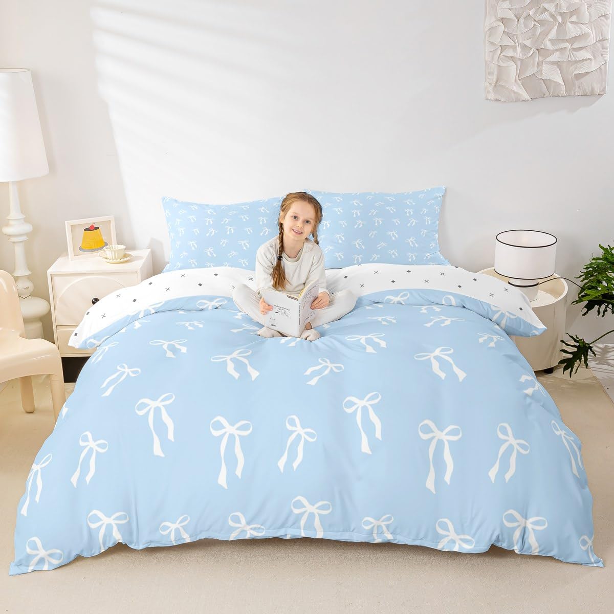 Homewish Cute Ribbon Bowknot Bed Set White Bows Duvet Cover Double Blue Princess Bedding Set for Kids Boys Girls Modern Simple Bow Knot Quilt Cover Bedroom Decor โ image 1