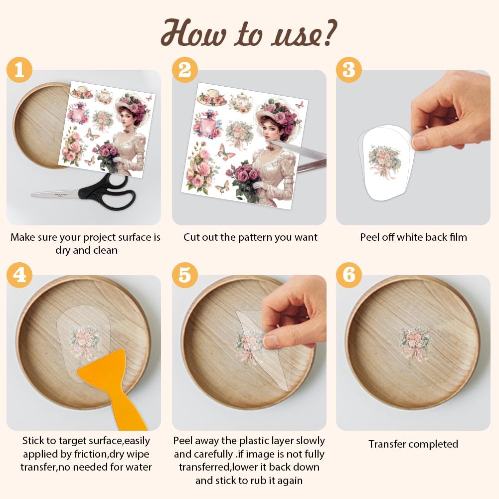 AHANDMAKER 12 Sheets Victorian Lady Rub on Transfer Stickers, Vintage Lady Floral Rub on Transfers, Court Bouquet Rub on Decals Tea Party Sticker for Crafts Drawer Cabinet Dresser Home Decor, 5.5x5.5