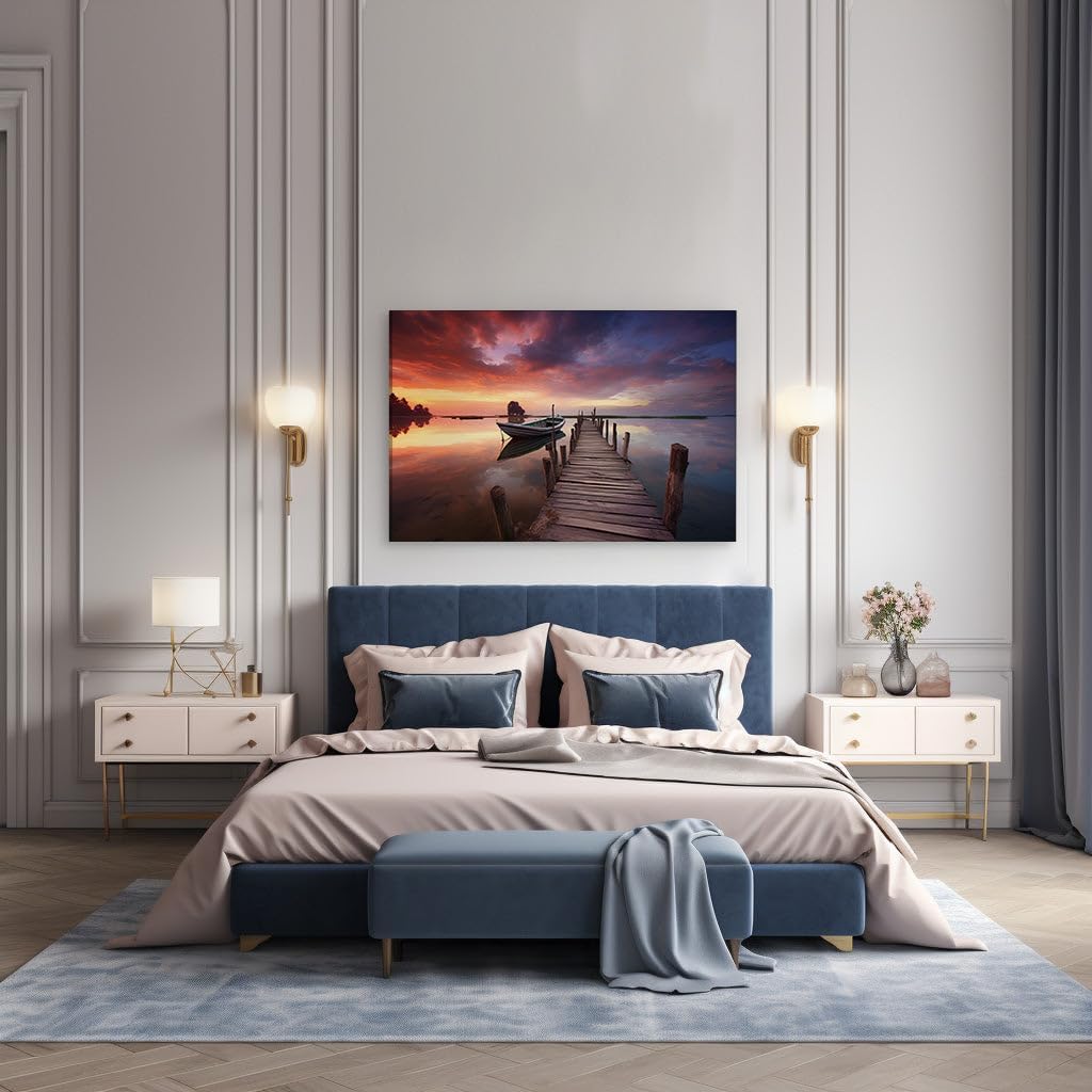 Canvas for Living room. Sunset Serenity: An Old Boat's Rest at a Lakeside Wooden Pier, 27 x 18 inch Canvas Wall Art - Contemporary Masterpieces - Modern Home Decor