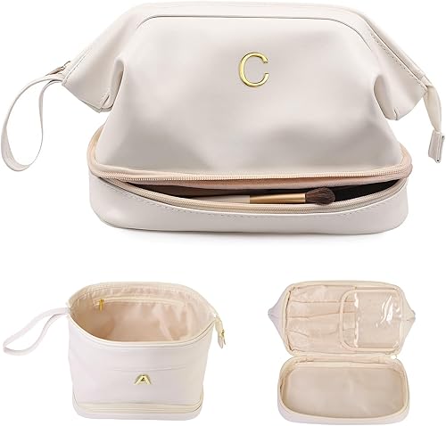 Miniatura 122 de Regalo de cumpleaños para hija - Bolso grande de maquillaje inicial, bolso cosmético personalizado de doble capa con organizador de brochas