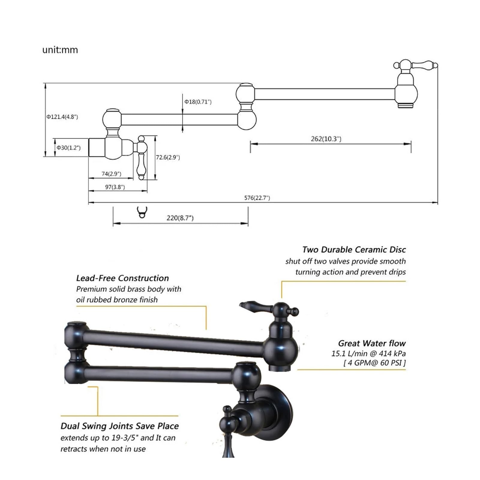 Grifo de cocina latón montaje en pared con brazo oscilante extensible plegable y boquilla doble articulación níquel negro bronce(Brushed Nickel)