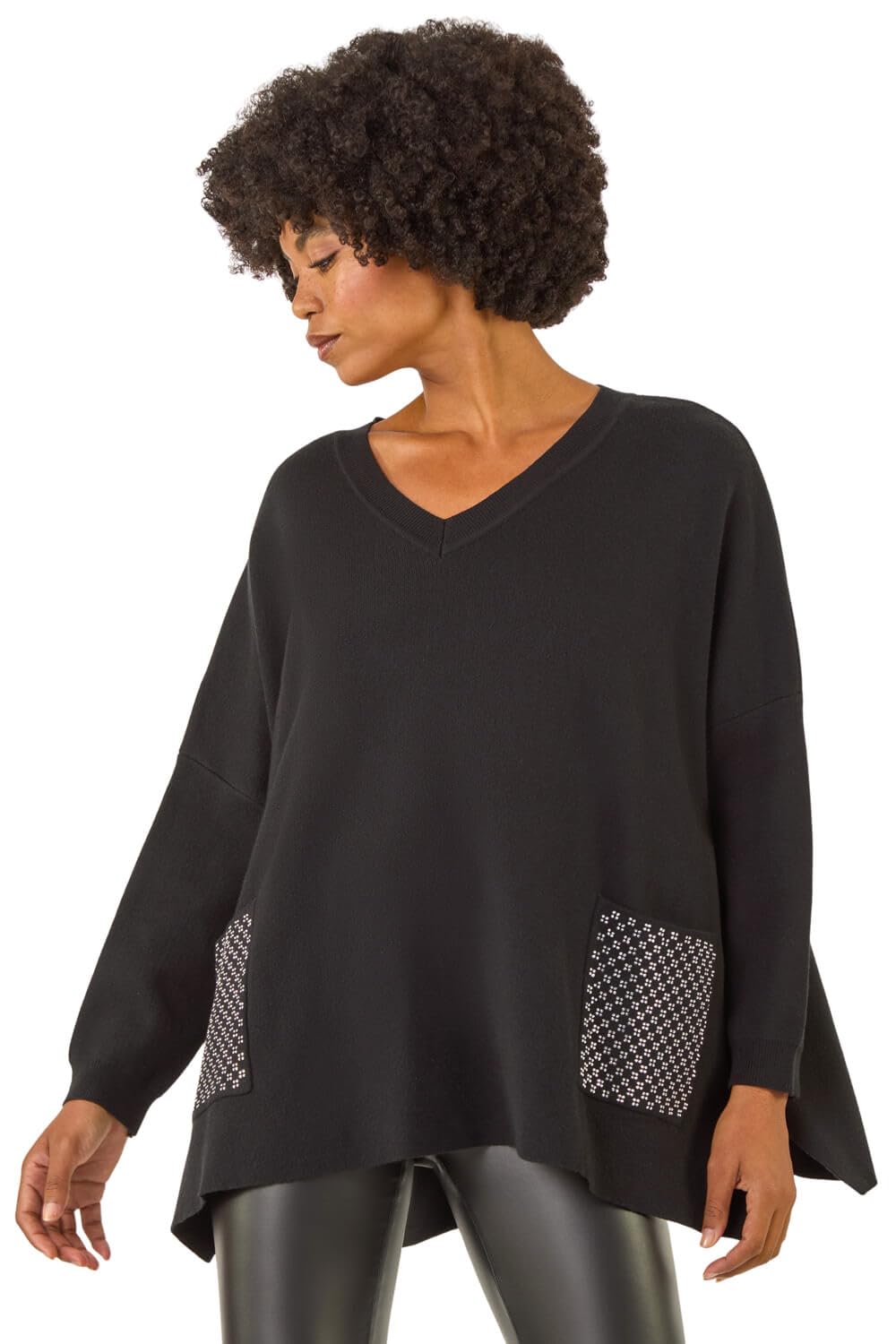 Roman Originals Hotfix Pocket Knit Jumper for Women UK - Ladies Everyday Autumn Winter V-Neckline Comfy Soft Evening Vacation Work Party Night Out - Black - Size ONE