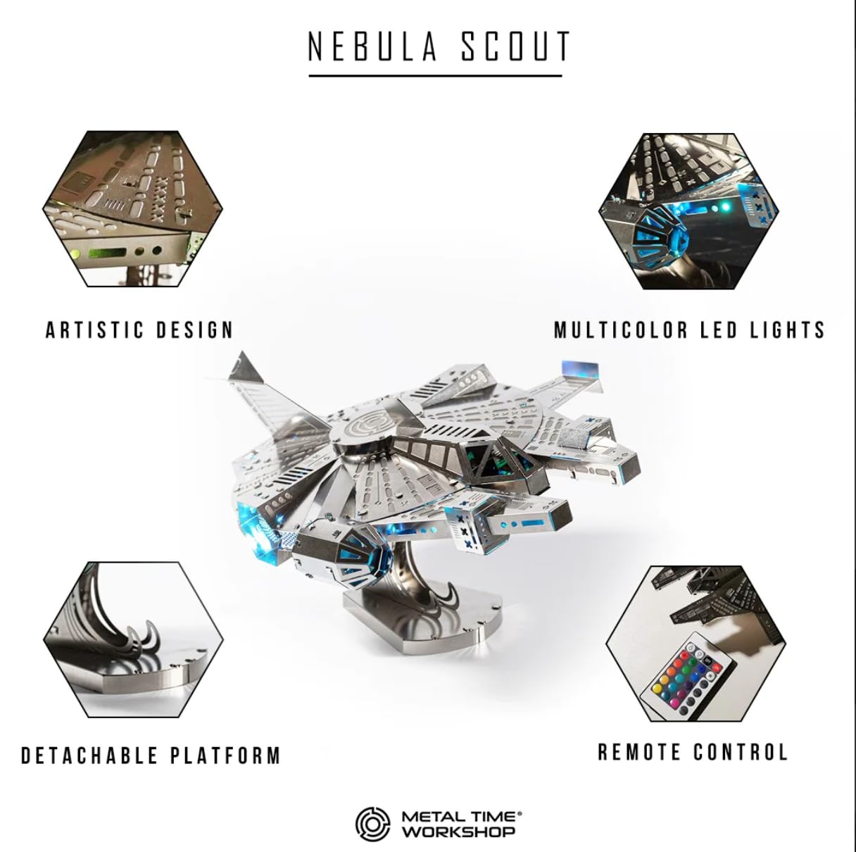 Metal Time Nebula Scout, modello astronave in metallo, modello 3D Cosmos Starship, kit di modellini in metallo, luci a LED multicolore con telecomando, 74 pezzi.