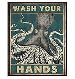 Octopus Nautical Bathroom Wall Art & Decor - Funny Beach Bathroom Decor - Bath Wall Artwork - Cute Unique Restroom Pictures Decorations Poster - Wash Your Hands Sign - Guest Bath - Powder Room