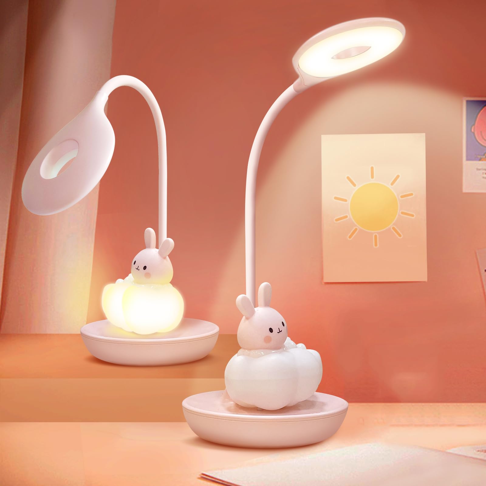 FemKey Lámpara de Lectura LED, Lámpara de Escritorio Kawaii 5 Modos para Niños con Control Táctil de Diseño ​Animados Único - Conejo, Lámpara de Mesa Luz Nocturna Niños (ROSA)