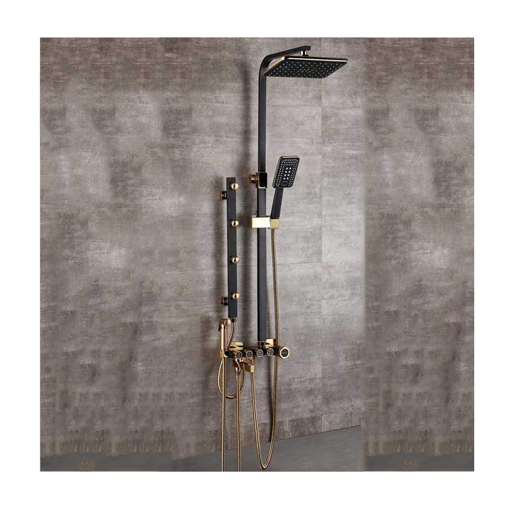 QUSYZD Luxury Shower System with Hot and Cold Water Shower Combo Set Multifunction 4 Handle Shower Faucet Set with Shower Head, Handheld Shower, Tub Spout, Bidet Sprayer He,Black and Gold