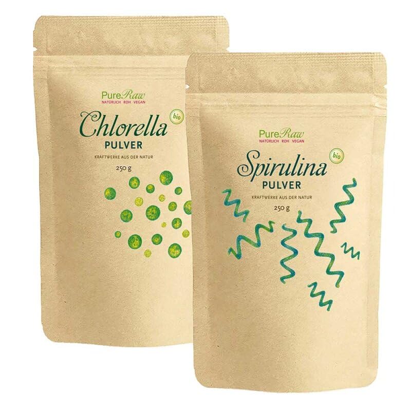 Paquete económico de espirulina en polvo orgánico 250 g y Clorella en polvo orgánico 250 g, clorofila algas en polvo (crudo y vegano) Clorella algas Espirulina en polvo | PureRaw 2 x 250 g