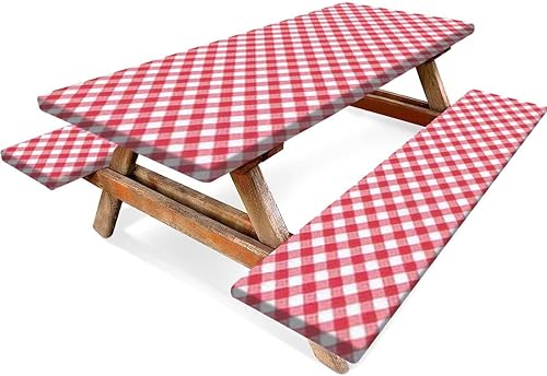 Picnic Table Cover with Bench Covers 3 Piece Set Seamless diagonal gingham Red white slanted vichy cage Checked tweed Elastic Fitted Tablecloths