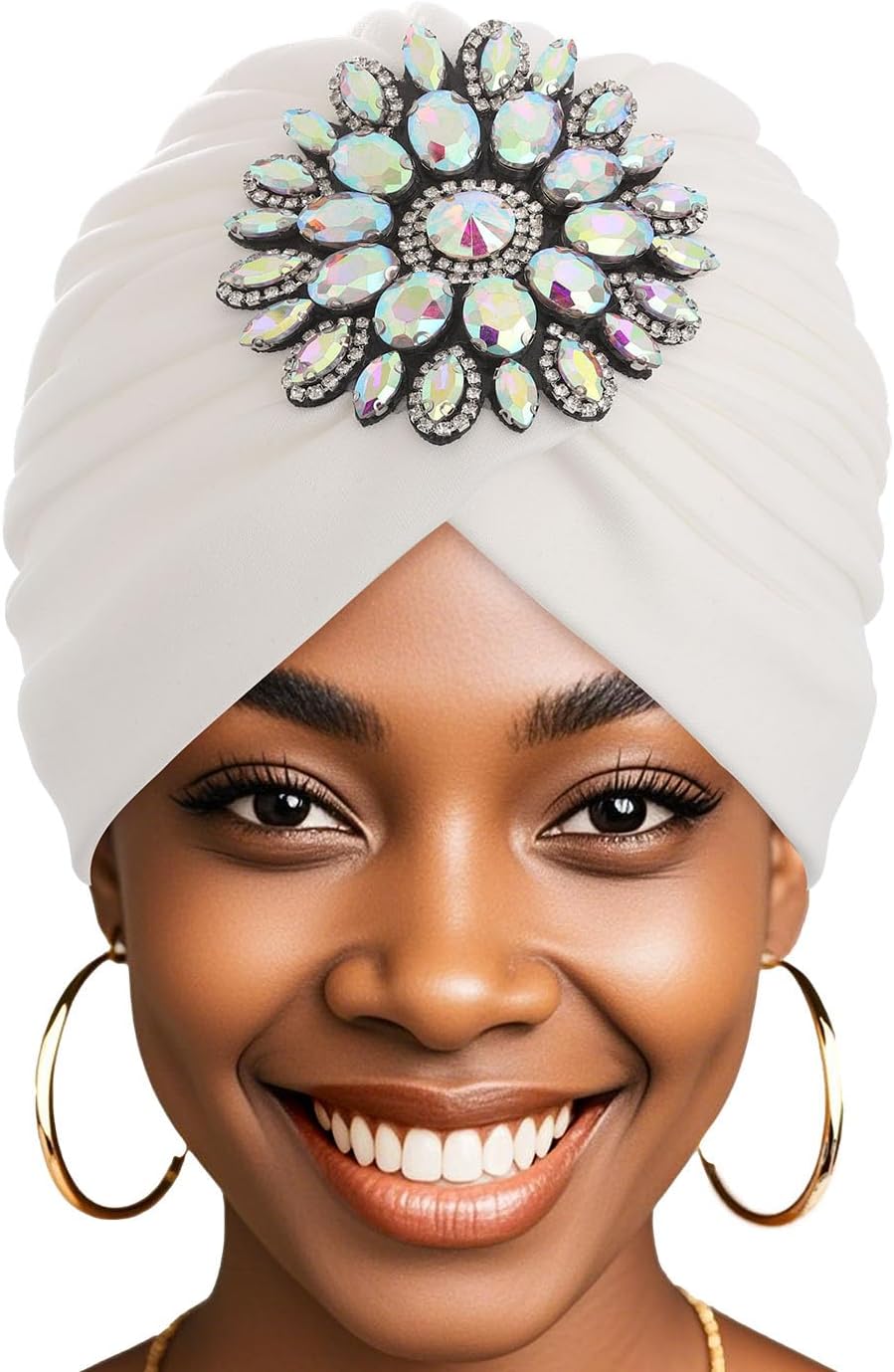 Bohend Rhinestone Turban Hat for Women Stretch Headwarp Pre Tied Head Cover Bonnet Muslim Crysta Pleated Headscarf Hat