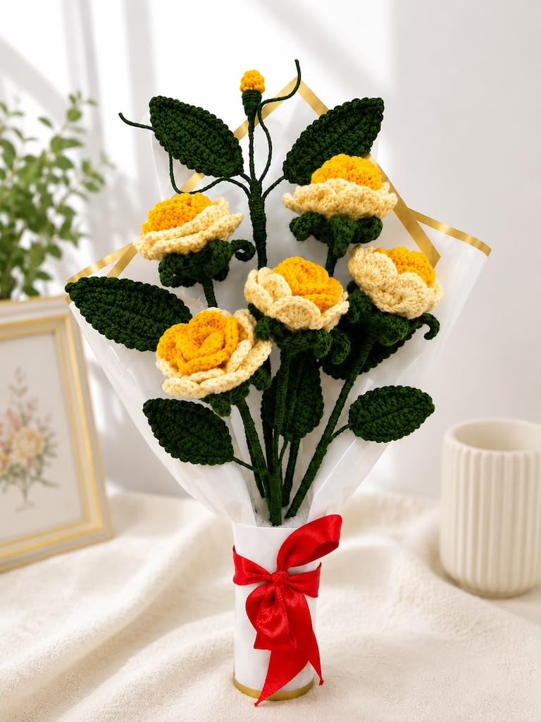 Handmade Crochet Rose Bouquet, Yellow Knitted Flowers with Vase | Artificial Floral Decor, Red Ribbon Bow, Green Knit Leaves, Home Table Decor, Handcrafted-image-26