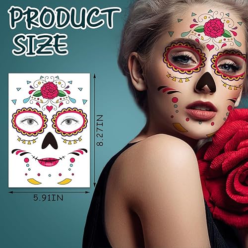 Miniatura 7 de 8 hojas de tatuajes temporales para el Día de los Muertos, calcomanías temporales luminosas fluorescentes de La Catrina, calavera falsa para mujeres