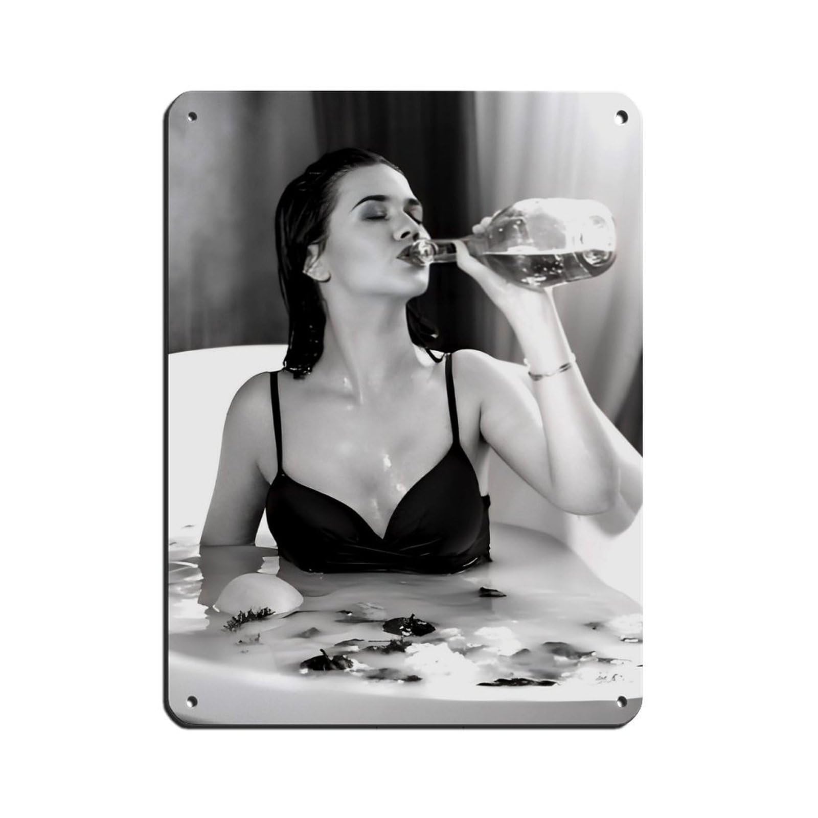 Woman Drinking Wine in Bathtub, Bathroom Art Tin Sign Vintage Metal Pub Club Cafe Bar Home Wall Art Decoration Poster Retro 12x16inch(30x40cm)