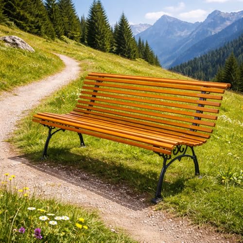 Mojawo XXL Edle und Massive Parkbank aus Metall und Holz Gartenbank 150 x B. 70 x H. 81cm Sitzbank Farbe Natur
