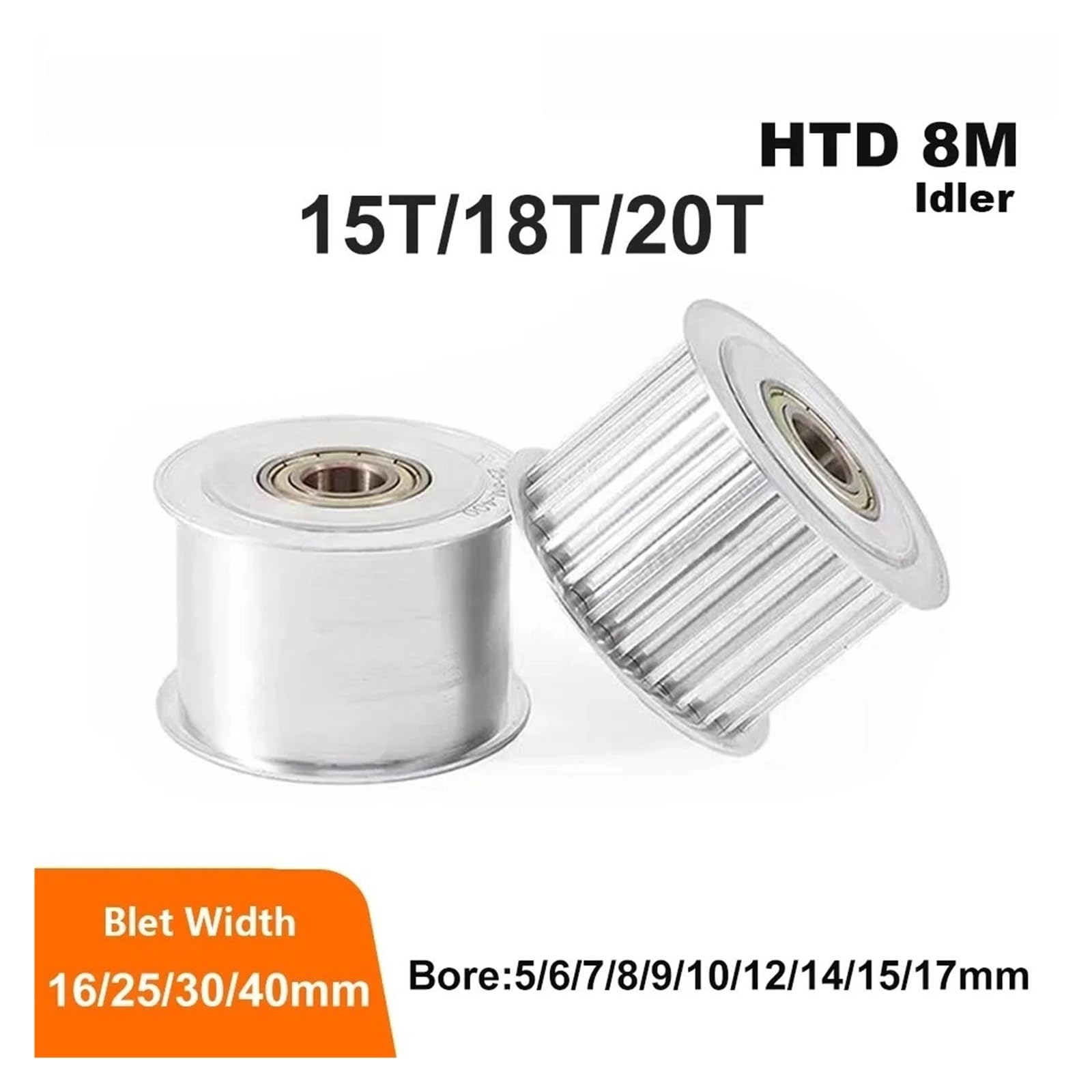 Polea de 1 pieza HTD8M 15 dientes 16 20 dientes tensor polea de inversión agujero 5 mm-17 mm con rodamiento para correa dentada HTD 8M Ancho 15/20/25/30/40 mm (16T Bore 5 mm, con teeth,21 mm (para