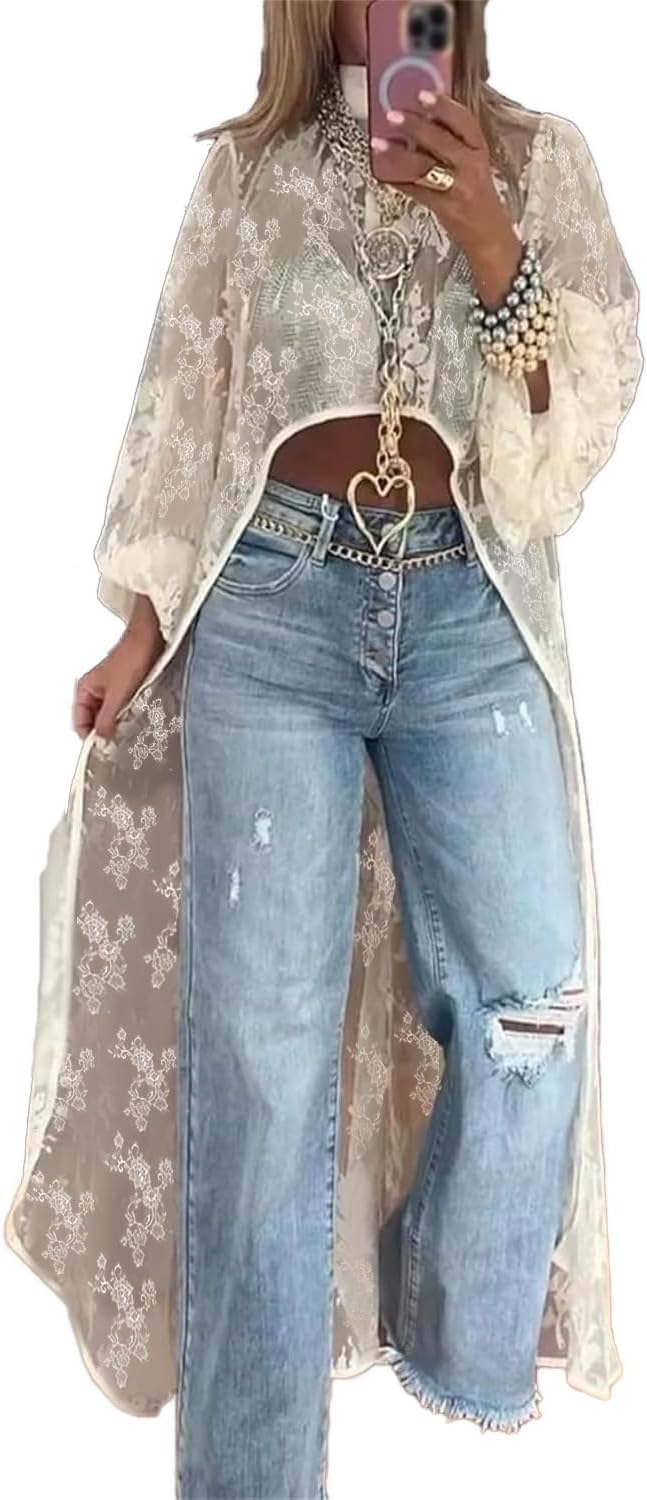 Women Sheer Long Sleeve Lace Duster Robe See Thru Mesh Short Front Long Back Casual Flowy Top Asymmetrical Coverup
